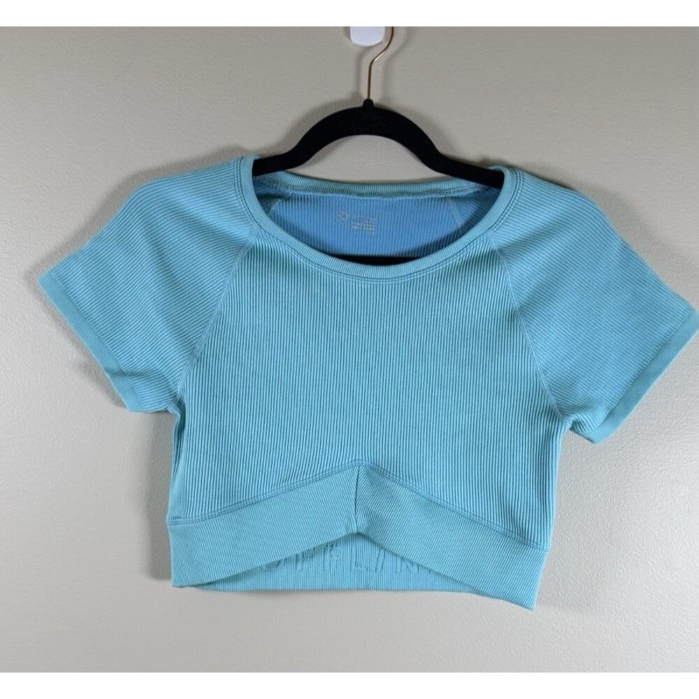 Offline by Aerie Blue Ribbed Cropped Crew Neck Stretch Tee - Large